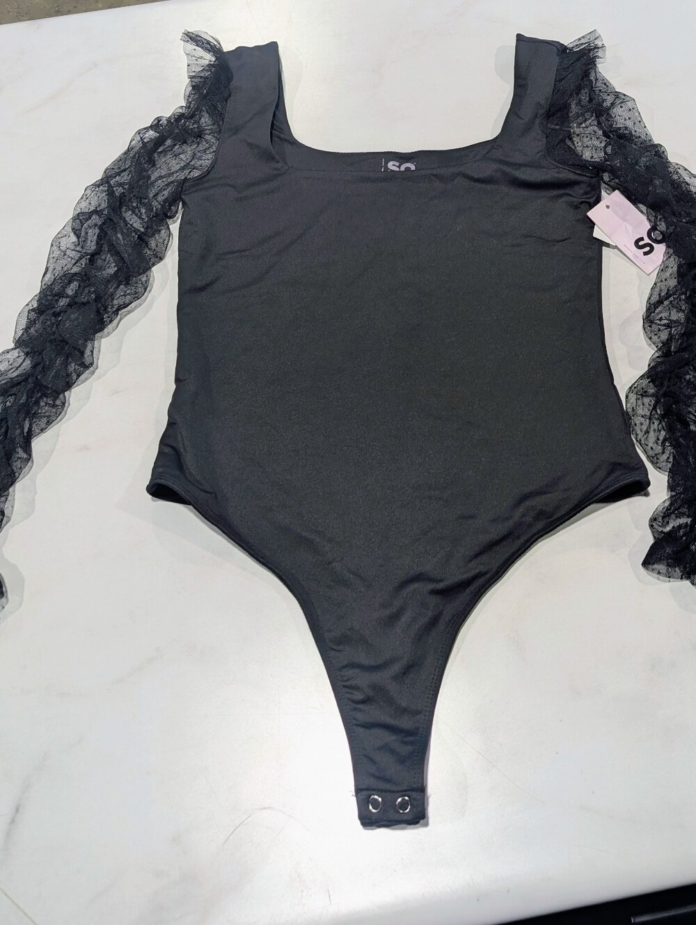 Sonoma Black Square Neck Bodysuit with Sheer Ruffle Lace Sleeves